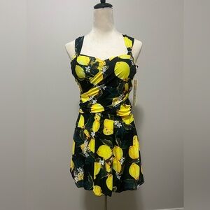 Beautiful lemon floral print swim dress 3Xl NEW WITH TAGS  bust support ruching